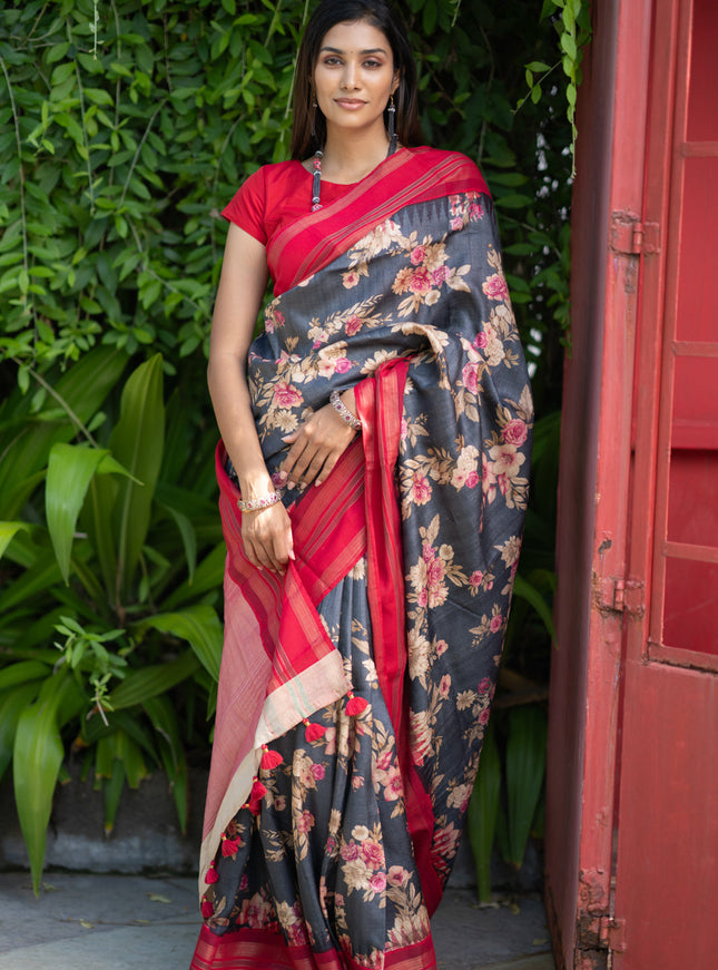 Pure tussar silk saree elephant grey and red with allover floral digital prints and temple deisgn zari woven vidarbha border