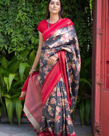 Pure tussar silk saree elephant grey and red with allover floral digital prints and temple deisgn zari woven vidarbha border