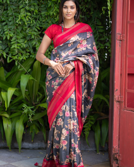 Pure tussar silk saree elephant grey and red with allover floral digital prints and temple deisgn zari woven vidarbha border