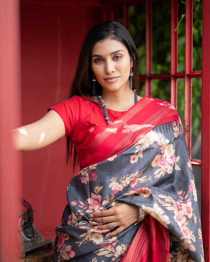 Pure tussar silk saree elephant grey and red with allover floral digital prints and temple deisgn zari woven vidarbha border