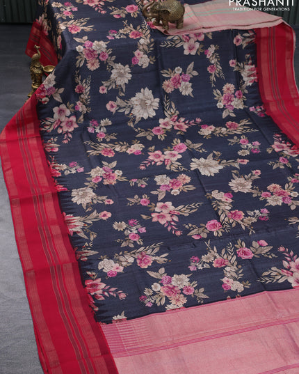 Pure tussar silk saree elephant grey and red with allover floral digital prints and temple deisgn zari woven vidarbha border