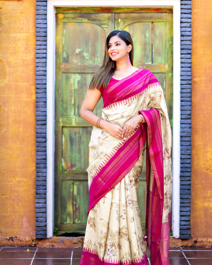 Pure tussar silk saree cream and pink with allover floral digital prints and temple deisgn zari woven vidarbha border