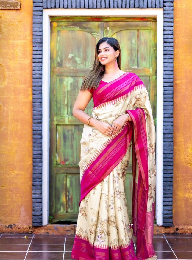 Pure tussar silk saree cream and pink with allover floral digital prints and temple deisgn zari woven vidarbha border