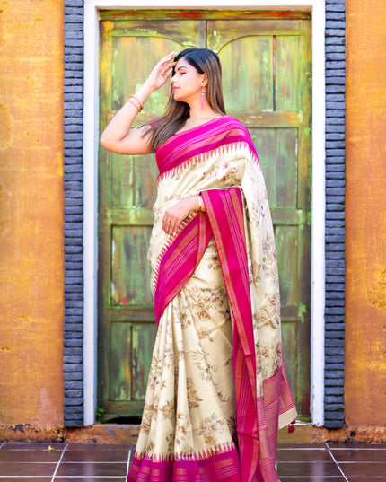 Pure tussar silk saree cream and pink with allover floral digital prints and temple deisgn zari woven vidarbha border