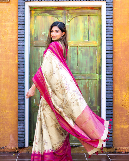 Pure tussar silk saree cream and pink with allover floral digital prints and temple deisgn zari woven vidarbha border