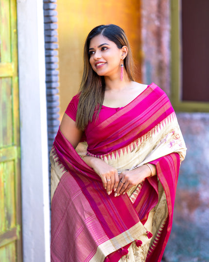 Pure tussar silk saree cream and pink with allover floral digital prints and temple deisgn zari woven vidarbha border