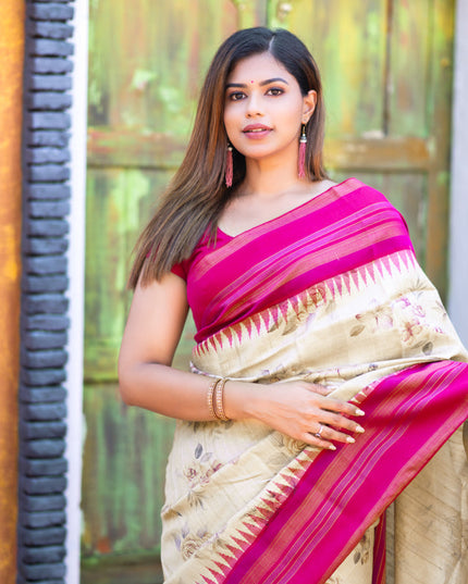 Pure tussar silk saree cream and pink with allover floral digital prints and temple deisgn zari woven vidarbha border