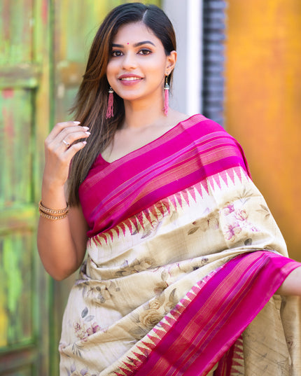 Pure tussar silk saree cream and pink with allover floral digital prints and temple deisgn zari woven vidarbha border