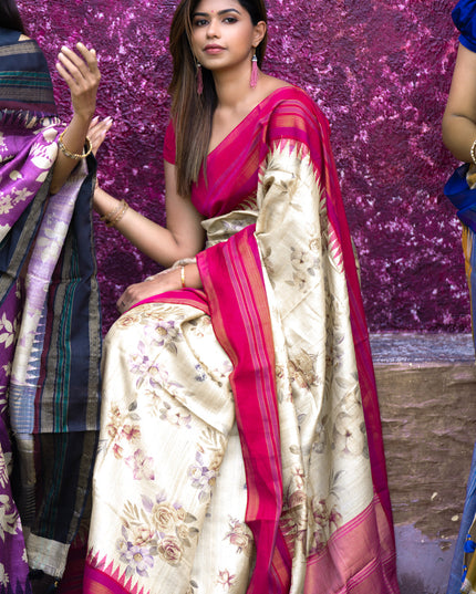 Pure tussar silk saree cream and pink with allover floral digital prints and temple deisgn zari woven vidarbha border