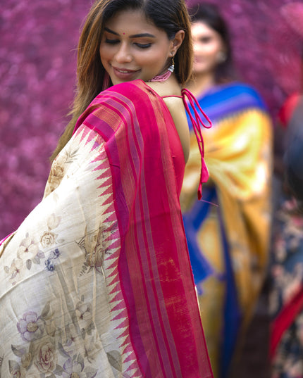 Pure tussar silk saree cream and pink with allover floral digital prints and temple deisgn zari woven vidarbha border