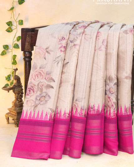 Pure tussar silk saree cream and pink with allover floral digital prints and temple deisgn zari woven vidarbha border