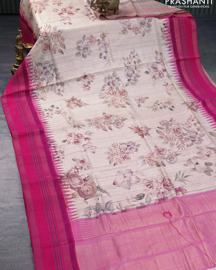 Pure tussar silk saree cream and pink with allover floral digital prints and temple deisgn zari woven vidarbha border