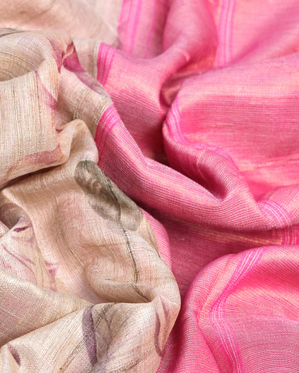 Pure tussar silk saree cream and pink with allover floral digital prints and temple deisgn zari woven vidarbha border