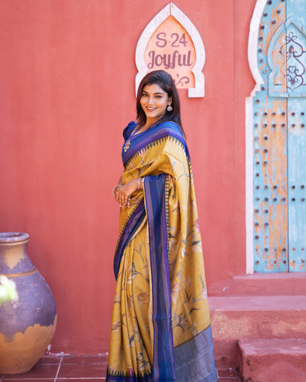 Pure tussar silk saree mustard shade and blue with allover floral digital prints and temple deisgn zari woven vidarbha border