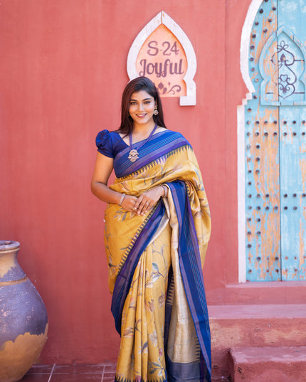 Pure tussar silk saree mustard shade and blue with allover floral digital prints and temple deisgn zari woven vidarbha border