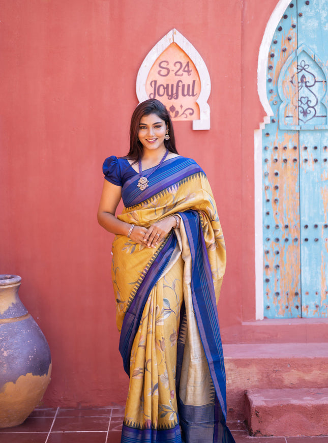 Pure tussar silk saree mustard shade and blue with allover floral digital prints and temple deisgn zari woven vidarbha border