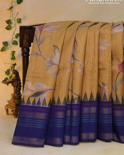 Pure tussar silk saree mustard shade and blue with allover floral digital prints and temple deisgn zari woven vidarbha border