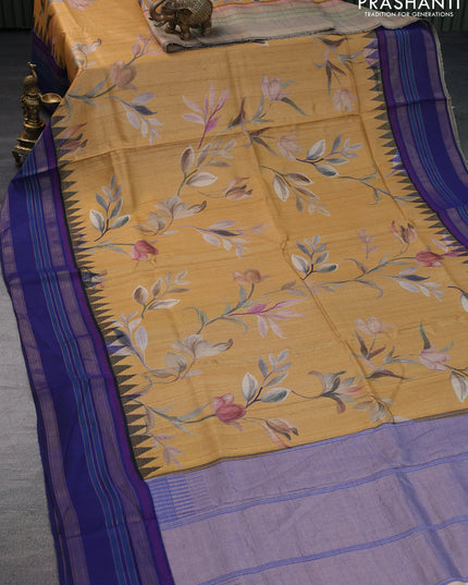 Pure tussar silk saree mustard shade and blue with allover floral digital prints and temple deisgn zari woven vidarbha border