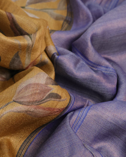 Pure tussar silk saree mustard shade and blue with allover floral digital prints and temple deisgn zari woven vidarbha border