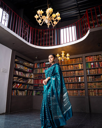 Banarasi poona silk saree peacock blue and red with allover silver zari woven stripes pattern and zari woven floral butta border