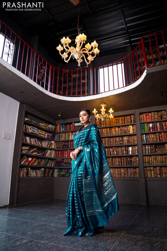 Banarasi poona silk saree peacock blue and red with allover silver zari woven stripes pattern and zari woven floral butta border