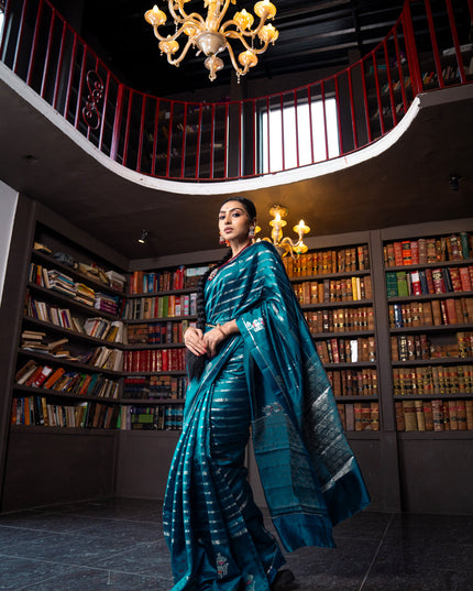 Banarasi poona silk saree peacock blue and red with allover silver zari woven stripes pattern and zari woven floral butta border