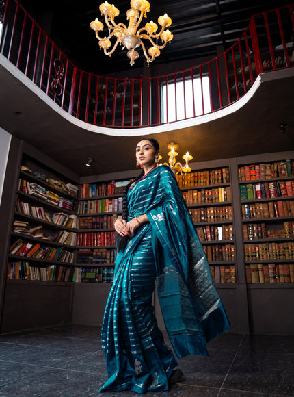 Banarasi poona silk saree peacock blue and red with allover silver zari woven stripes pattern and zari woven floral butta border