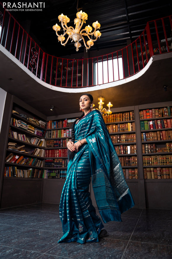 Banarasi poona silk saree peacock blue and red with allover silver zari woven stripes pattern and zari woven floral butta border