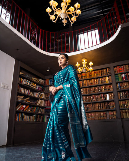 Banarasi poona silk saree peacock blue and red with allover silver zari woven stripes pattern and zari woven floral butta border