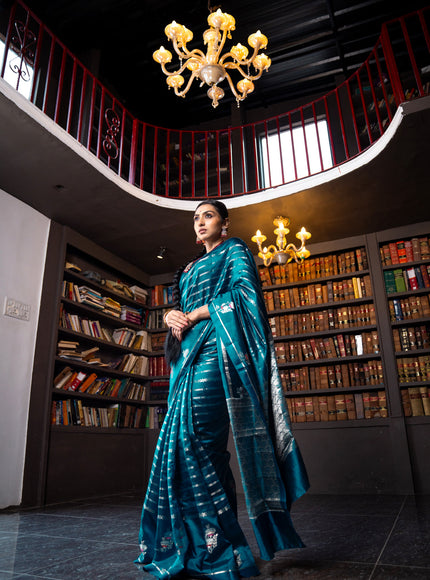 Banarasi poona silk saree peacock blue and red with allover silver zari woven stripes pattern and zari woven floral butta border