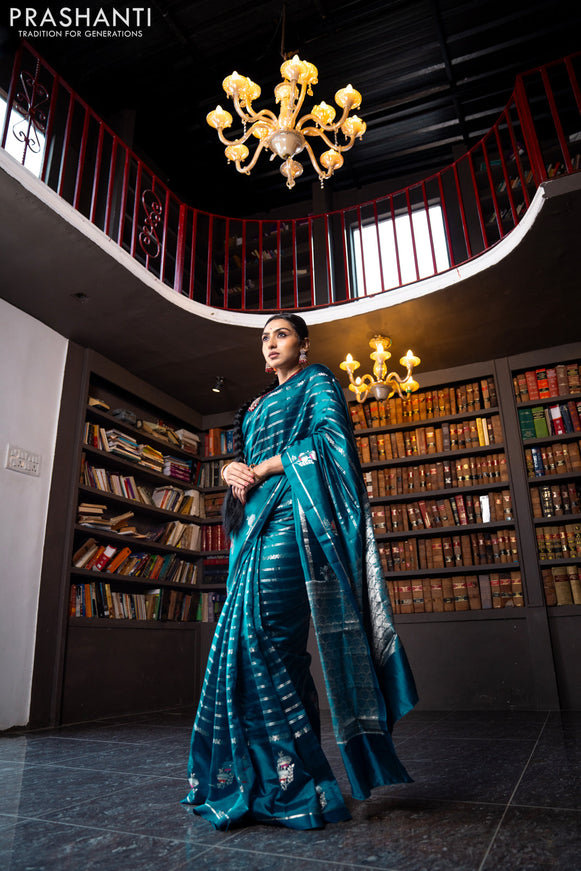 Banarasi poona silk saree peacock blue and red with allover silver zari woven stripes pattern and zari woven floral butta border