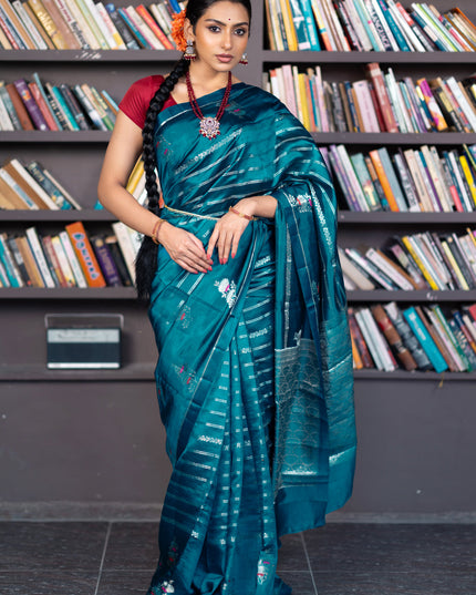 Banarasi poona silk saree peacock blue and red with allover silver zari woven stripes pattern and zari woven floral butta border