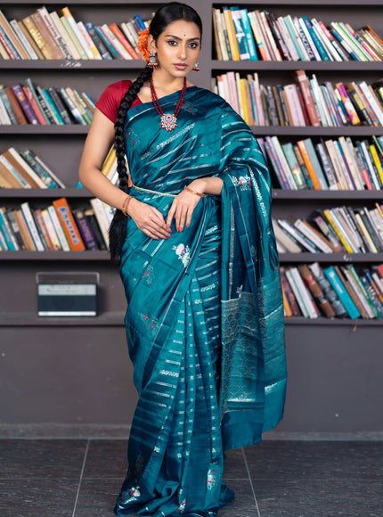 Banarasi poona silk saree peacock blue and red with allover silver zari woven stripes pattern and zari woven floral butta border