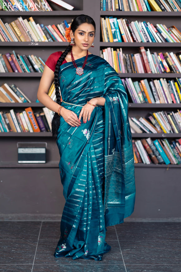 Banarasi poona silk saree peacock blue and red with allover silver zari woven stripes pattern and zari woven floral butta border