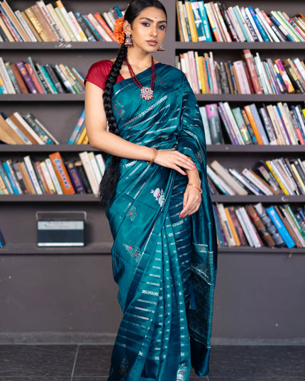 Banarasi poona silk saree peacock blue and red with allover silver zari woven stripes pattern and zari woven floral butta border