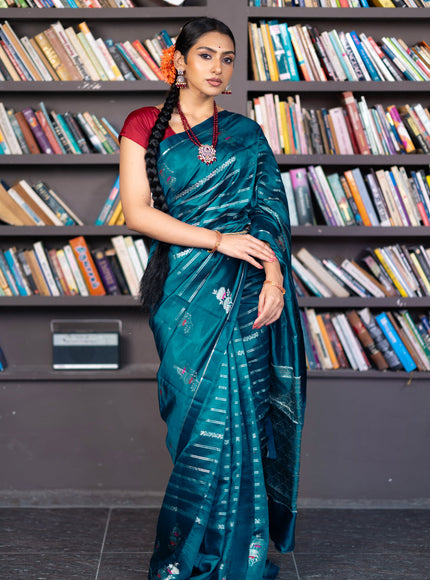 Banarasi poona silk saree peacock blue and red with allover silver zari woven stripes pattern and zari woven floral butta border