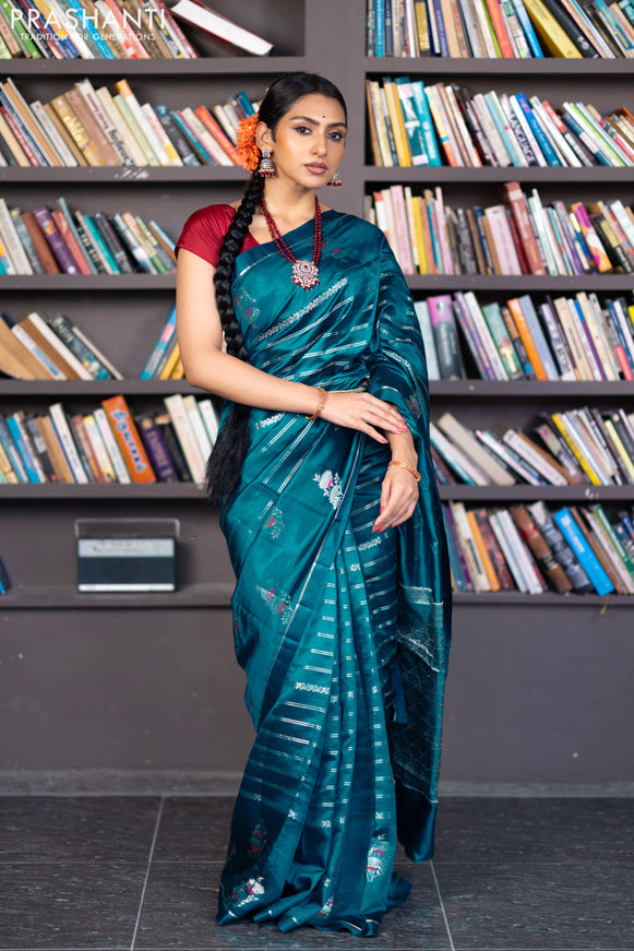 Banarasi poona silk saree peacock blue and red with allover silver zari woven stripes pattern and zari woven floral butta border