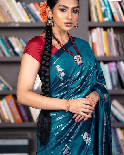 Banarasi poona silk saree peacock blue and red with allover silver zari woven stripes pattern and zari woven floral butta border