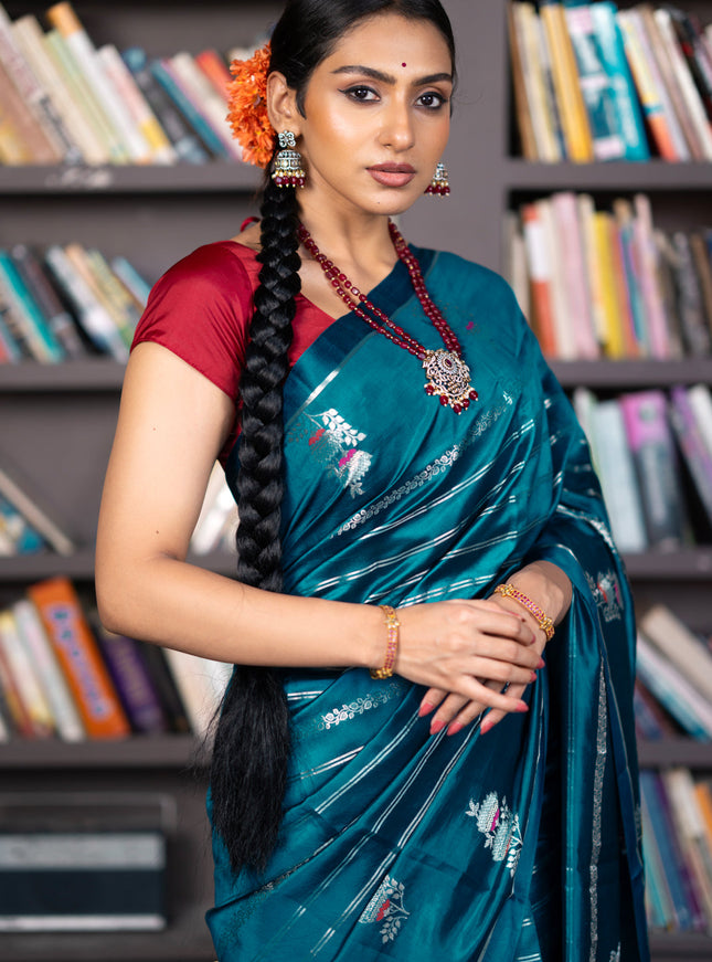 Banarasi poona silk saree peacock blue and red with allover silver zari woven stripes pattern and zari woven floral butta border