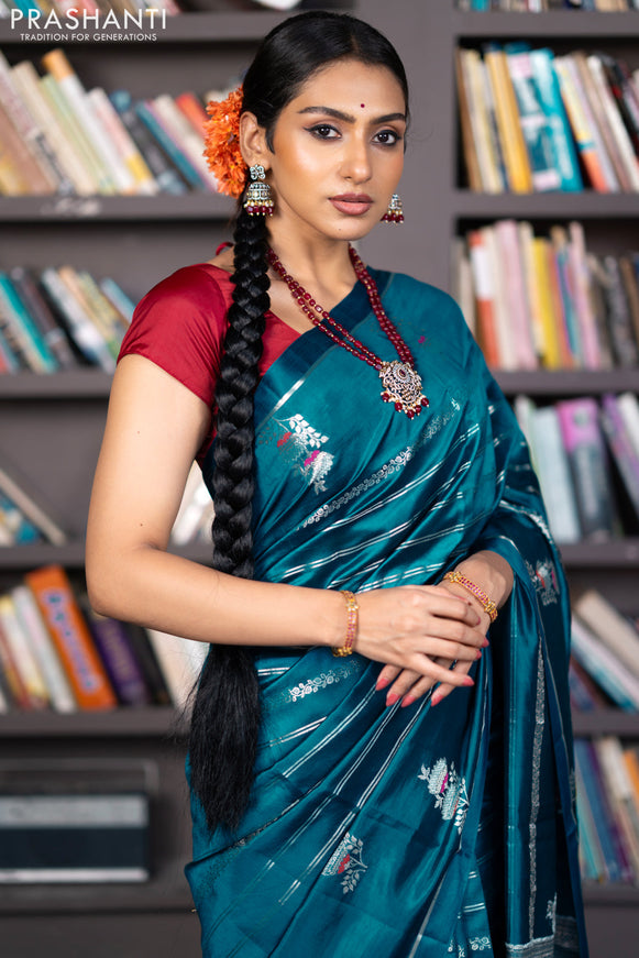 Banarasi poona silk saree peacock blue and red with allover silver zari woven stripes pattern and zari woven floral butta border