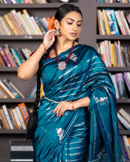 Banarasi poona silk saree peacock blue and red with allover silver zari woven stripes pattern and zari woven floral butta border