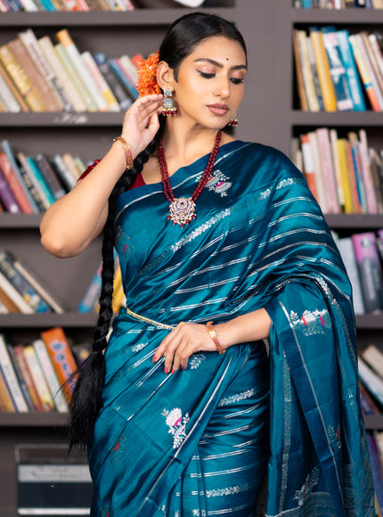 Banarasi poona silk saree peacock blue and red with allover silver zari woven stripes pattern and zari woven floral butta border