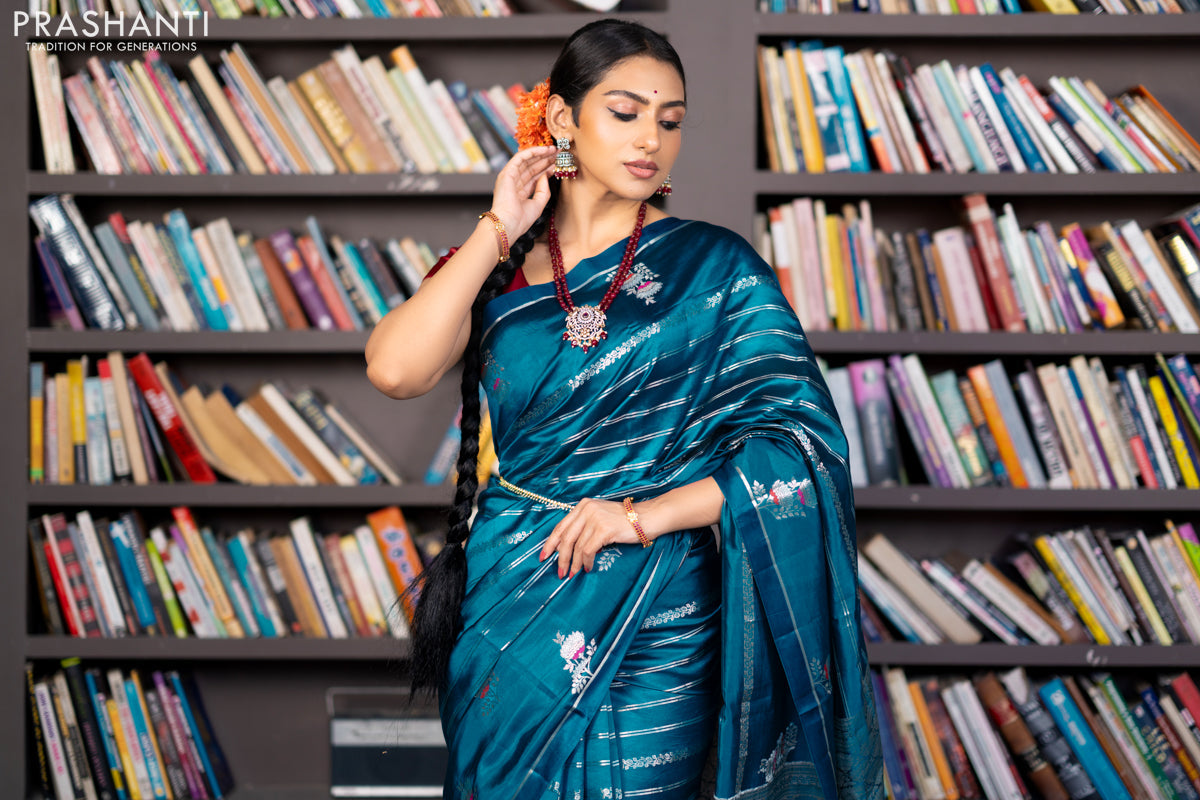 Banarasi poona silk saree peacock blue and red with allover silver zari woven stripes pattern and zari woven floral butta border