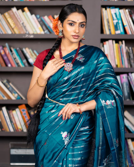 Banarasi poona silk saree peacock blue and red with allover silver zari woven stripes pattern and zari woven floral butta border