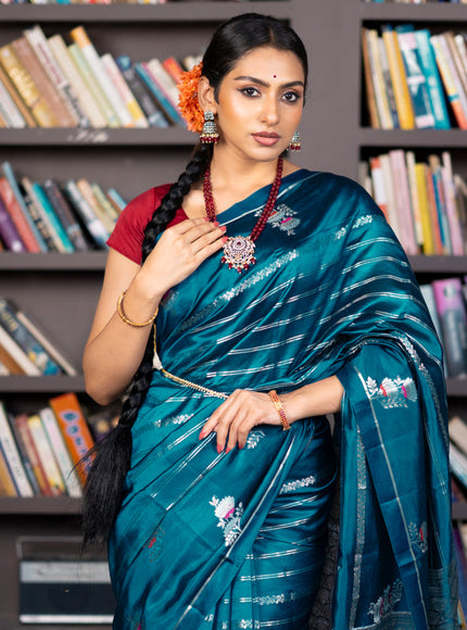 Banarasi poona silk saree peacock blue and red with allover silver zari woven stripes pattern and zari woven floral butta border