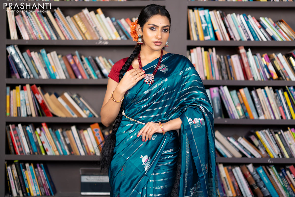 Banarasi poona silk saree peacock blue and red with allover silver zari woven stripes pattern and zari woven floral butta border