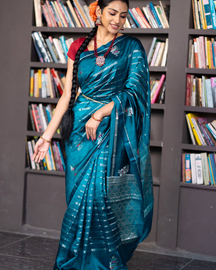 Banarasi poona silk saree peacock blue and red with allover silver zari woven stripes pattern and zari woven floral butta border