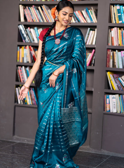 Banarasi poona silk saree peacock blue and red with allover silver zari woven stripes pattern and zari woven floral butta border