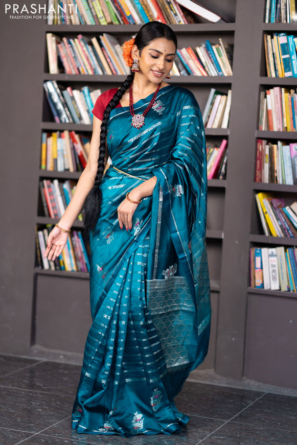 Banarasi poona silk saree peacock blue and red with allover silver zari woven stripes pattern and zari woven floral butta border