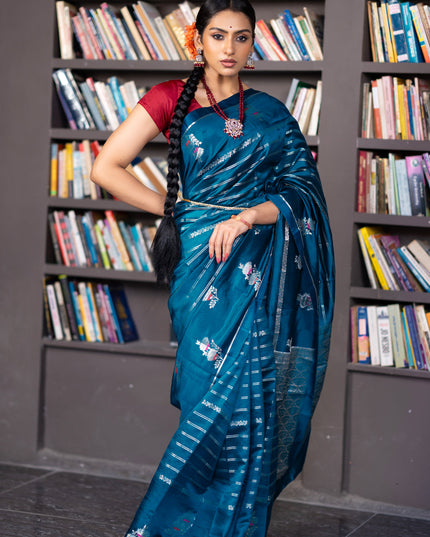 Banarasi poona silk saree peacock blue and red with allover silver zari woven stripes pattern and zari woven floral butta border